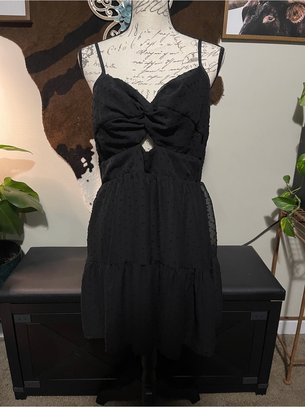 SHEIN Black Spotted Swiss Dot Cutout Mini Dress